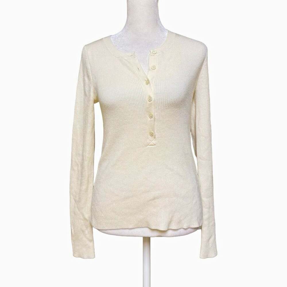J.Crew Ivory Knit Henley Top Size S Solid Crew Neck Long Sleeve Button
